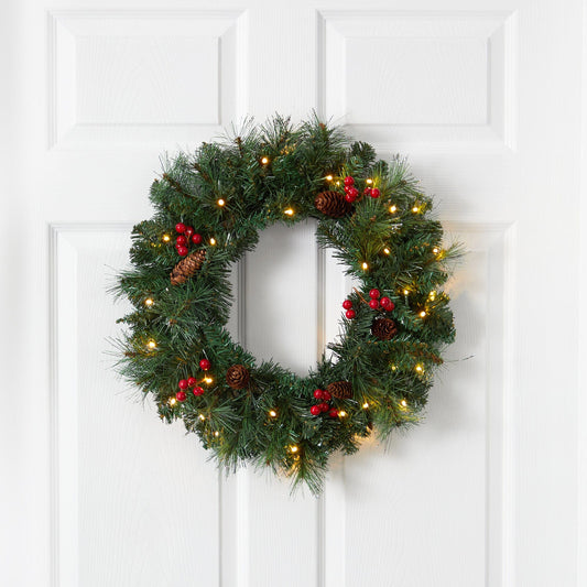 Wreath, 20-inch frosted pine with pinecones, red berries and 35 warm white LED lights on Tampa Home & Garden Store
