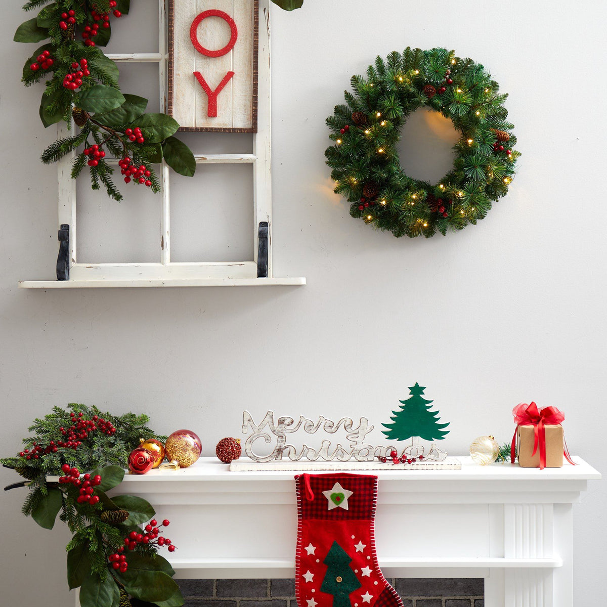 Nearly Natural 20-inch Frosted Pine Wreath with pinecones, red berries and 35 warm white LED lights on Tampa Home & Garden Store