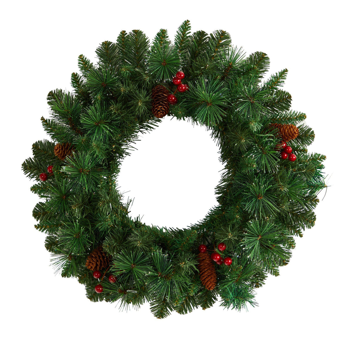 20” Frosted Pine Wreath by Nearly Natural with pinecones, red berries and 35 warm LEDs on Tampa Home & Garden Store