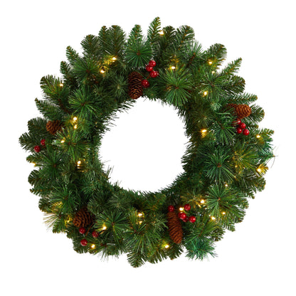 20-inch Frosted Pine wreath with pinecones, red berries, and 35 warm white LED lights on Tampa Home & Garden Store