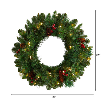 Nearly Natural 20in frosted pine wreath with pinecones, berries, and 35 warm white LED lights on Tampa Home & Garden Store