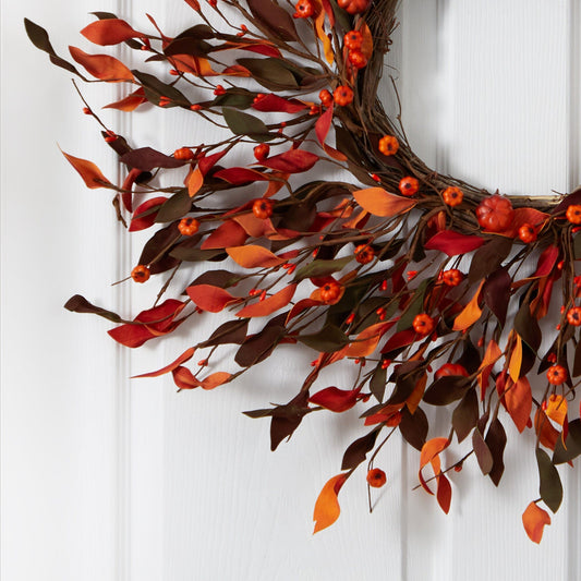 Harvest Leaf and Mini Pumpkin Wreath by Nearly Natural, 20” artificial orange autumn foliage on Tampa Home & Garden Store