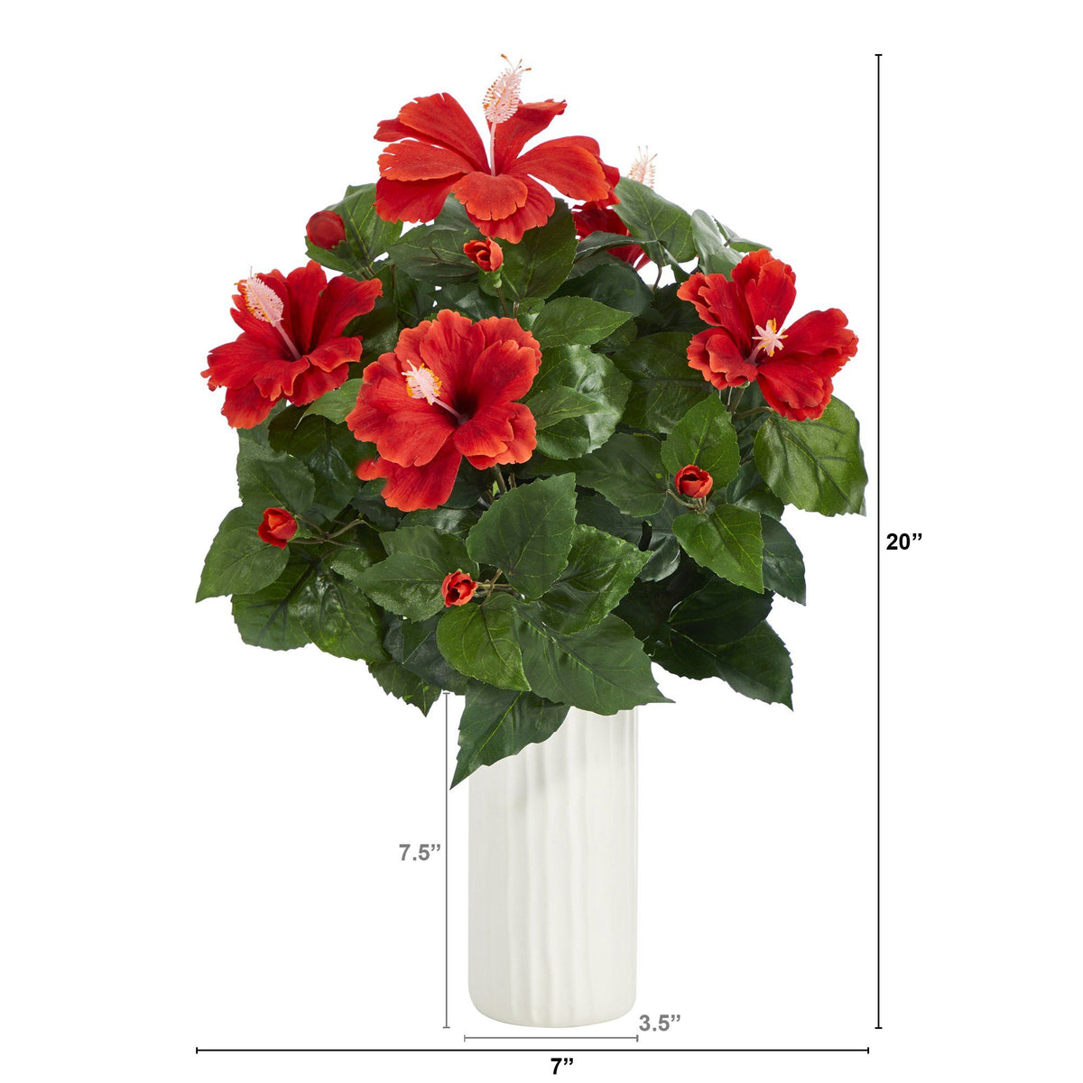 Hibiscus artificial plant in white planter with red blossoms, 20” tall, Nearly Natural on Tampa Home & Garden Store