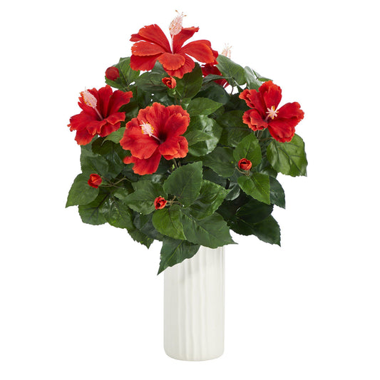 20-inch hibiscus artificial plant in white planter with red blooms and green leaves on Tampa Home & Garden Store