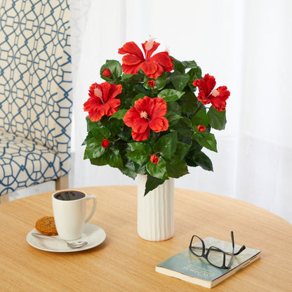 20-inch Hibiscus artificial plant in white planter with red blooms by Nearly Natural on Tampa Home & Garden Store
