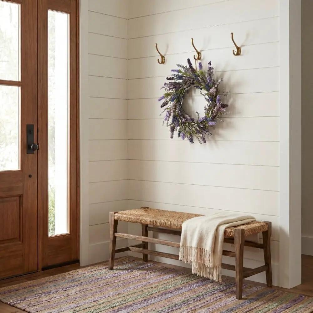 Lavender Wreath by Nearly Natural with wispy purple sprigs on white shiplap wall on Tampa Home & Garden Store