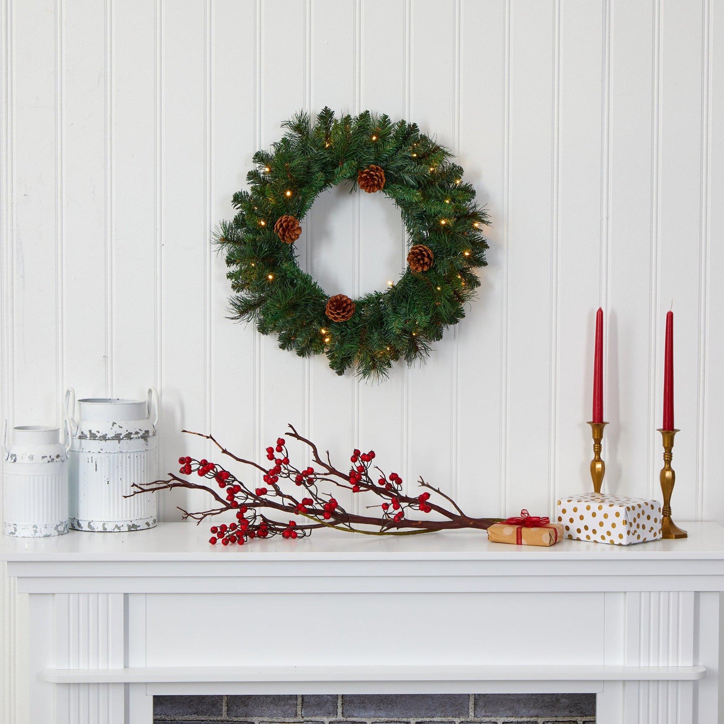 20 Pine Wreath and Led Lights with Faux Pinecones