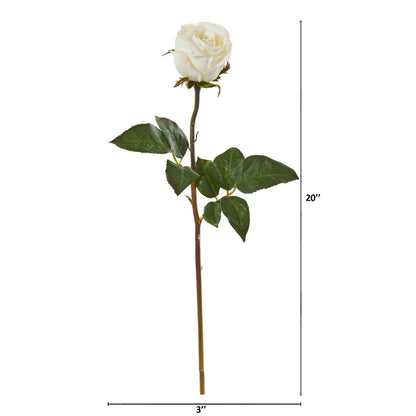 20-inch white rose artificial bud flower stem, set of 6, Nearly Natural with green leaves on Tampa Home & Garden Store