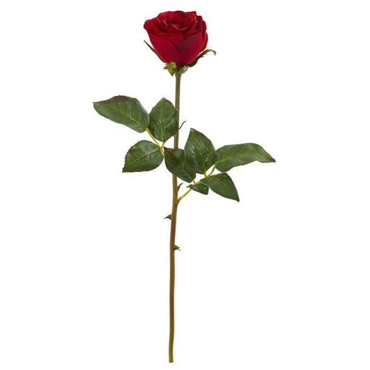 Nearly Natural 20in Rose Artificial Bud Flower Set of 6, red rose on stem with green leaves on Tampa Home & Garden Store