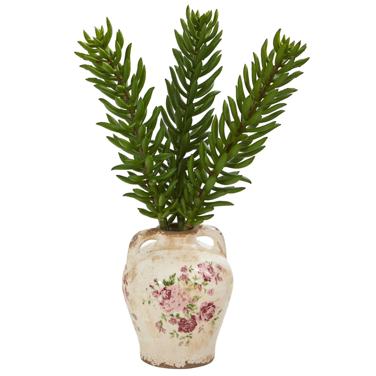 20” Succulent Artificial Plant in Floral Jar green succulents in a cream vase with pink floral pattern by Nearly Natural on Tampa Home & Garden Store