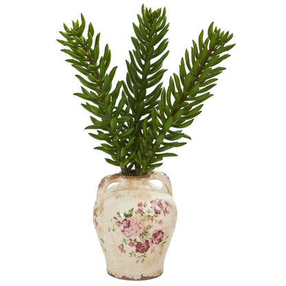20” Succulent Artificial Plant in Floral Jar green succulents in a cream vase with pink floral pattern by Nearly Natural on Tampa Home & Garden Store