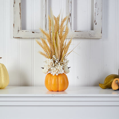Nearly Natural 21in Autumn Dried Wheat and Pumpkin Arrangement in Decorative Pumpkin Vase on Tampa Home & Garden Store
