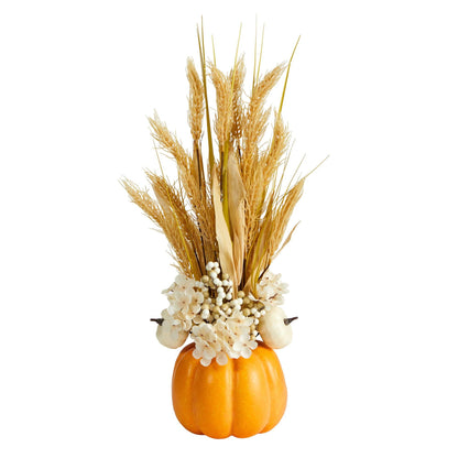 Arrangement 21in autumn dried wheat pumpkin with stalks in pumpkin vase by Nearly Natural on Tampa Home & Garden Store