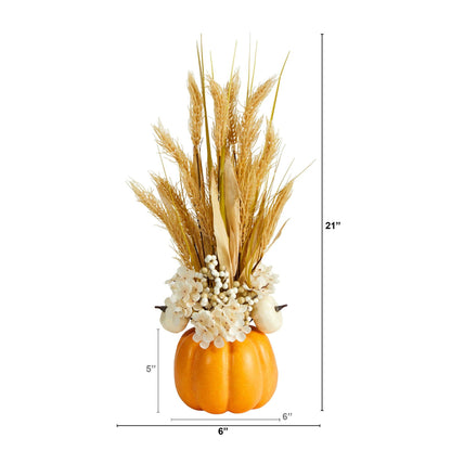 Arrangement Nearly Natural 21in autumn dried wheat with pumpkin vase and white hydrangea on Tampa Home & Garden Store