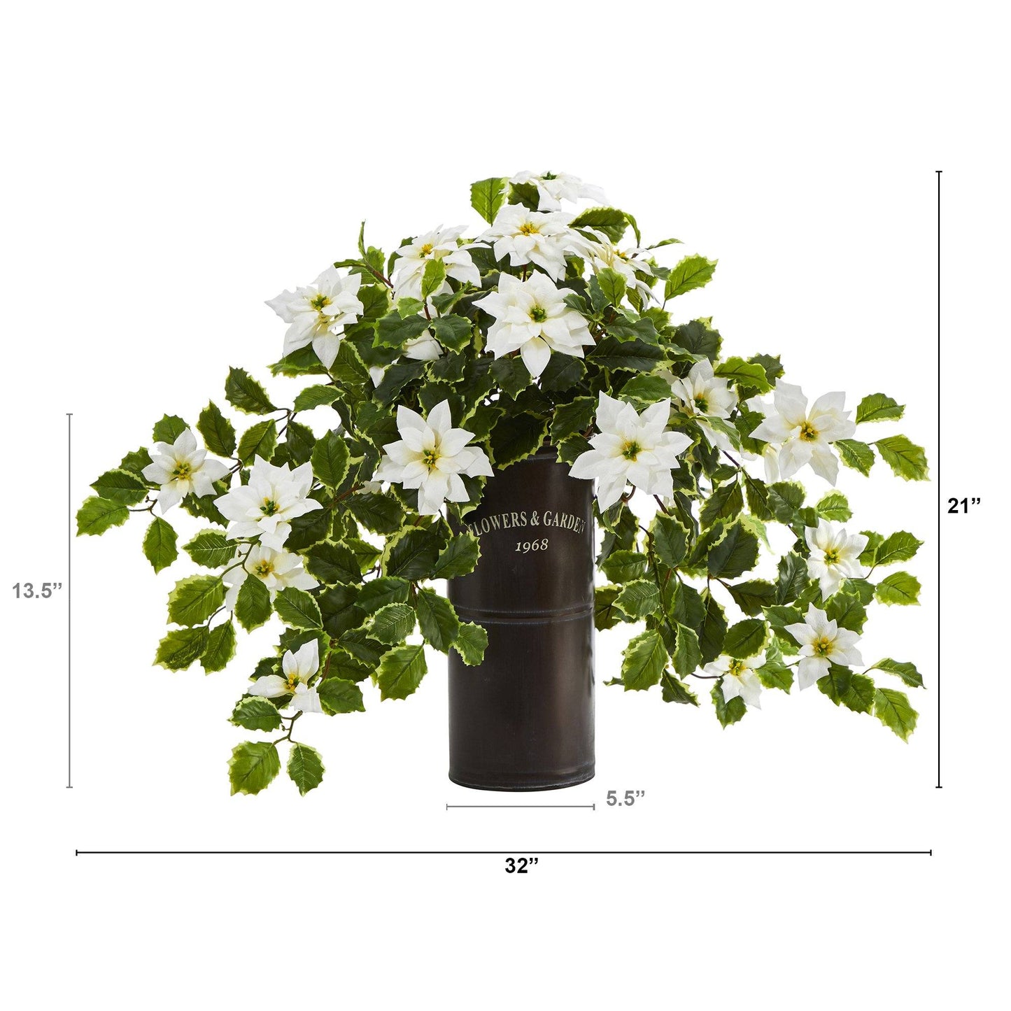 Planta artificial de flor de Pascua y acebo abigarrado de 53 cm en maceta decorativa (tacto real)