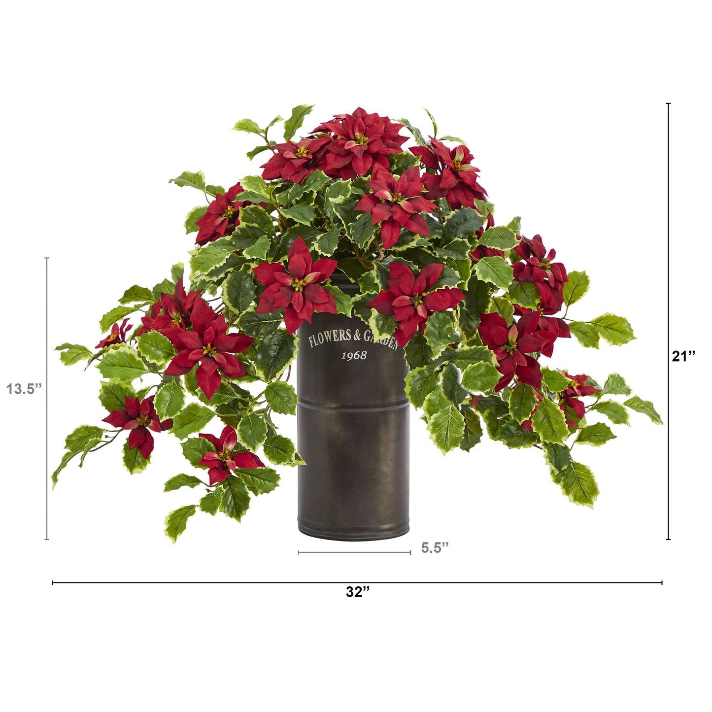 Planta artificial de flor de Pascua y acebo abigarrado de 53 cm en maceta decorativa (tacto real)