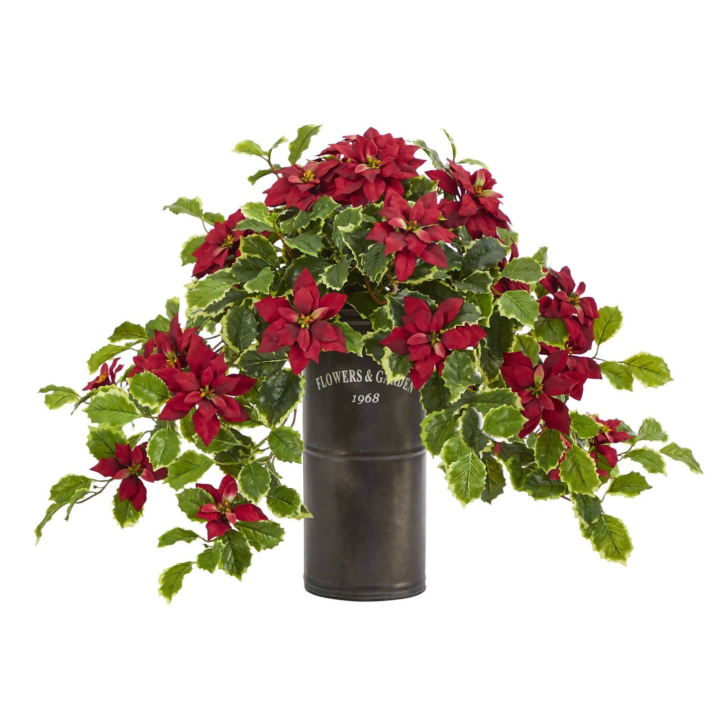 Planta artificial de flor de Pascua y acebo abigarrado de 53 cm en maceta decorativa (tacto real)