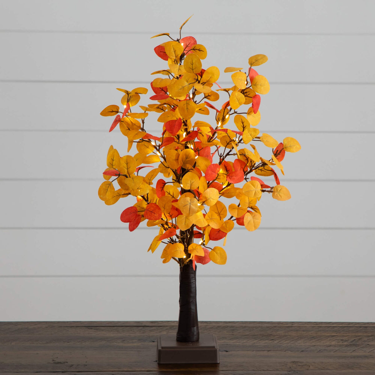 21-inch pre-lit autumn eucalyptus artificial tree with warm LEDs and detachable base on Tampa Home & Garden Store