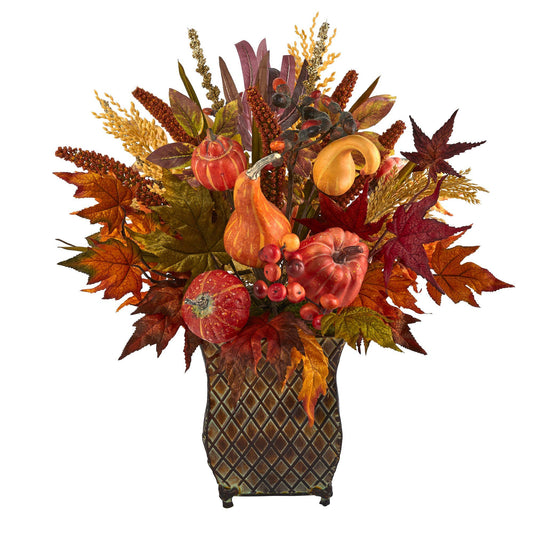 21” Pumpkin, Maple Leaf and Sorghum Harvest Artificial Arrangement in Metal Planter - Tampa Home & Garden Store