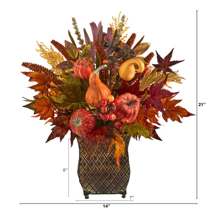 21” Pumpkin, Maple Leaf and Sorghum Harvest Artificial Arrangement in Metal Planter