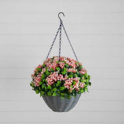 Gardenia hanging basket artificial 21in UV resistant blooms and green leaves in gray basket on Tampa Home & Garden Store