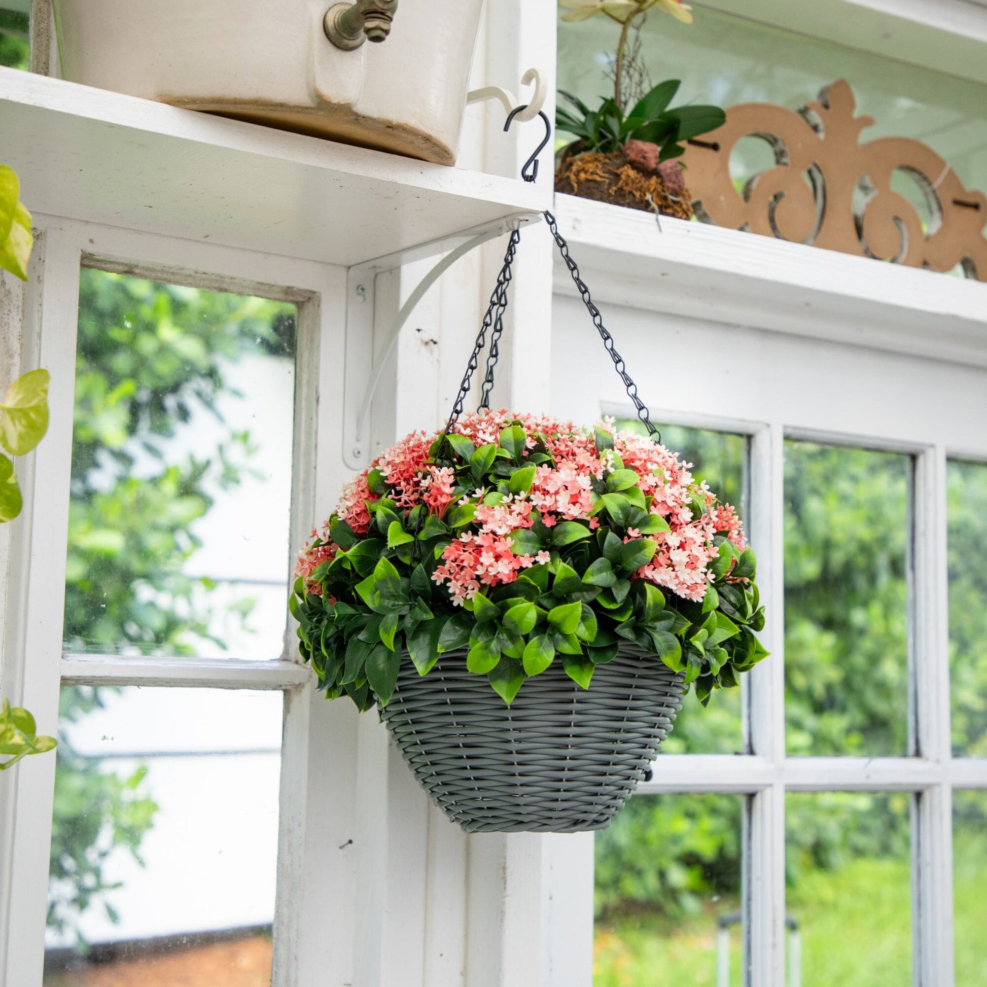 21-inch UV-resistant Mini Gardenia Hanging Basket by Nearly Natural with pink blooms on Tampa Home & Garden Store