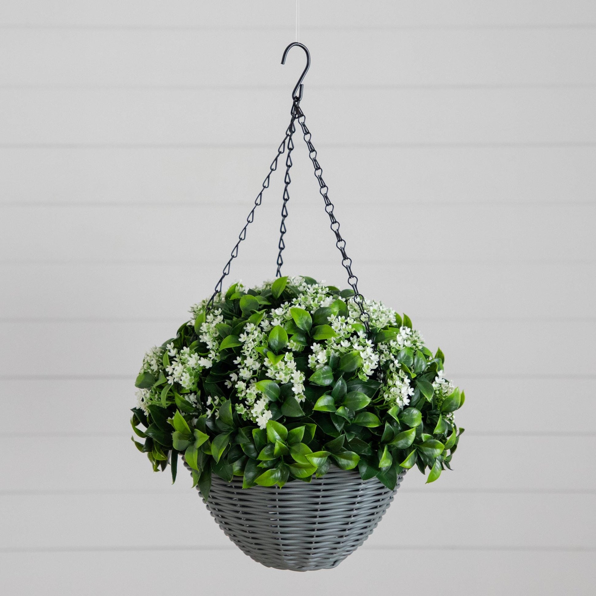 Nearly Natural 21in gardenia hanging basket with green leaves and white blooms in a wicker basket on Tampa Home & Garden Store