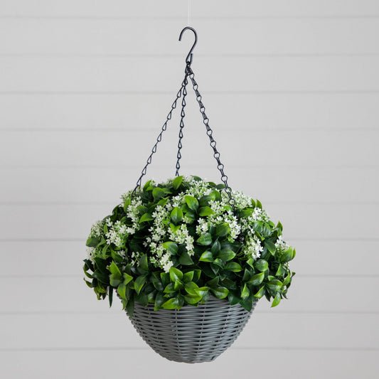 Nearly Natural 21in gardenia hanging basket with green leaves and white blooms in a wicker basket on Tampa Home & Garden Store
