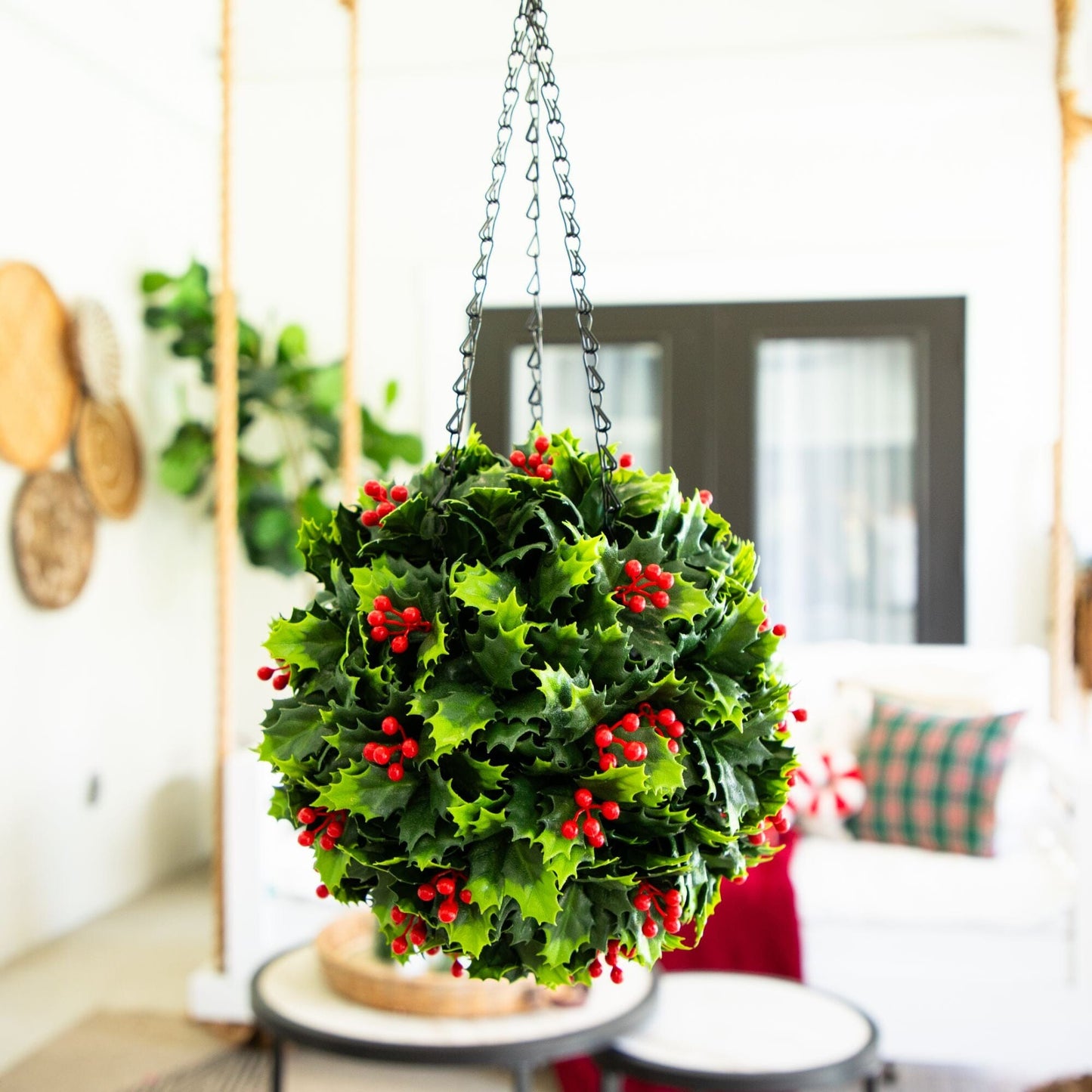 Hanging ball Nearly Natural 21in UV Resistant holly berry with green holly leaves and red berries on Tampa Home & Garden Store