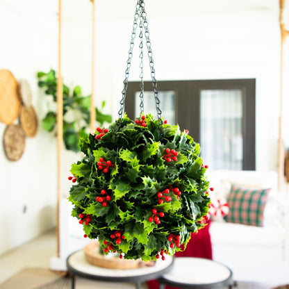 Hanging ball Nearly Natural 21in UV Resistant holly berry with green holly leaves and red berries on Tampa Home & Garden Store