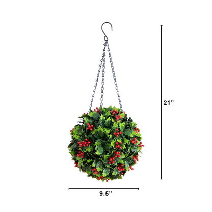 Hanging holly berry ball, 21in UV-resistant artificial plant Nearly Natural with red berries on Tampa Home & Garden Store