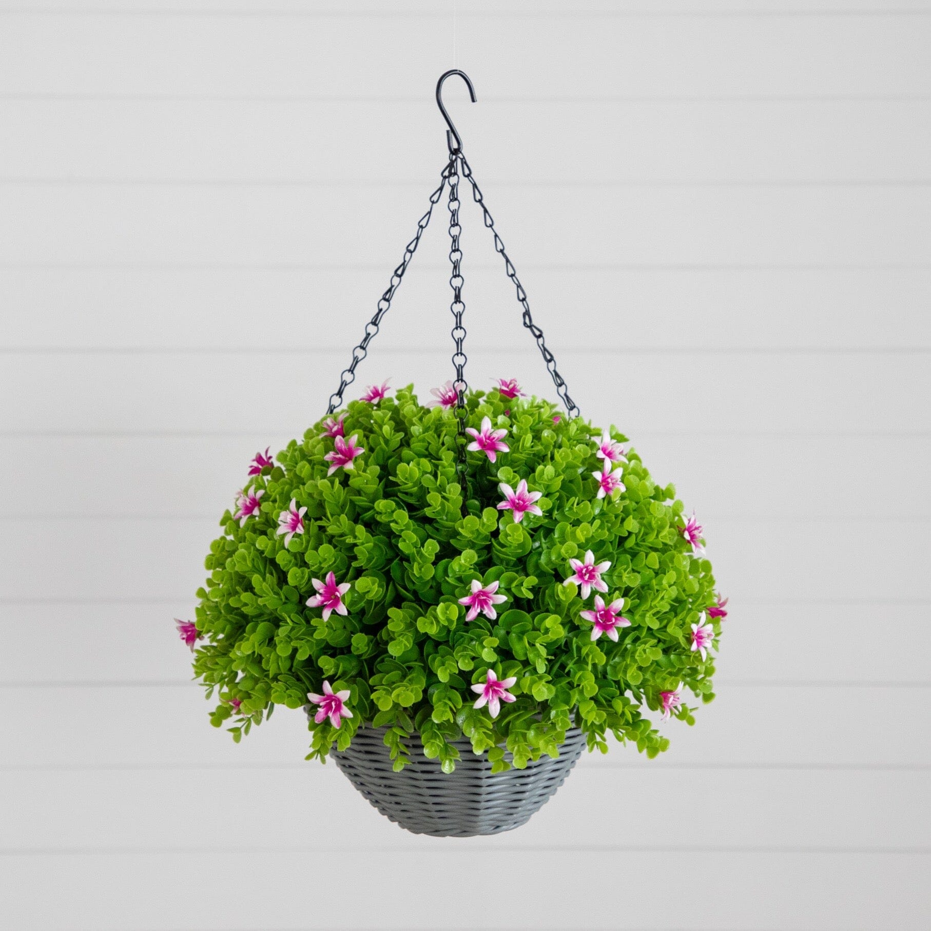 21-inch UV-resistant artificial hanging basket with green foliage and pink flowers in gray basket on Tampa Home & Garden Store