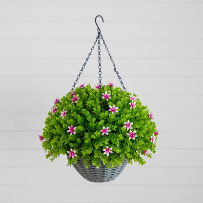 21-inch UV-resistant artificial hanging basket with green foliage and pink flowers in gray basket on Tampa Home & Garden Store