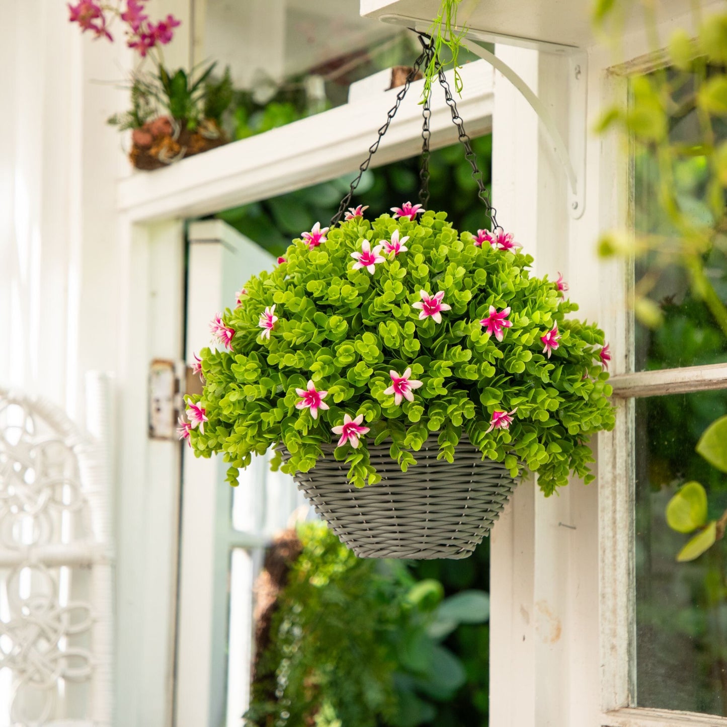 21in hanging basket lily eucalyptus artificial blooms with bright green foliage pink blooms on Tampa Home & Garden Store