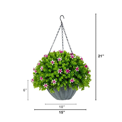 Artificial Lily and Eucalyptus Hanging Basket with green foliage and pink blossoms on Tampa Home & Garden Store