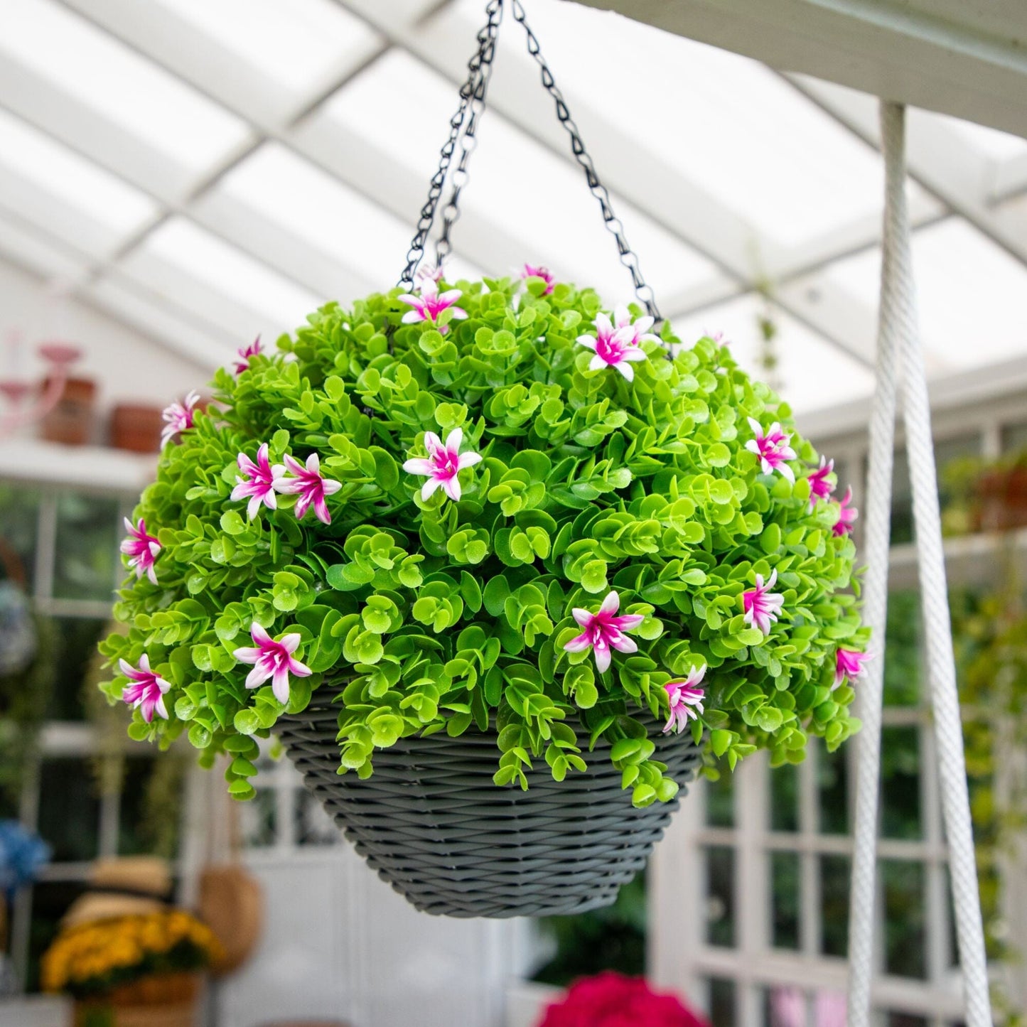 Hanging basket by Nearly Natural UV resistant lily and eucalyptus with foliage and pink blooms on Tampa Home & Garden Store