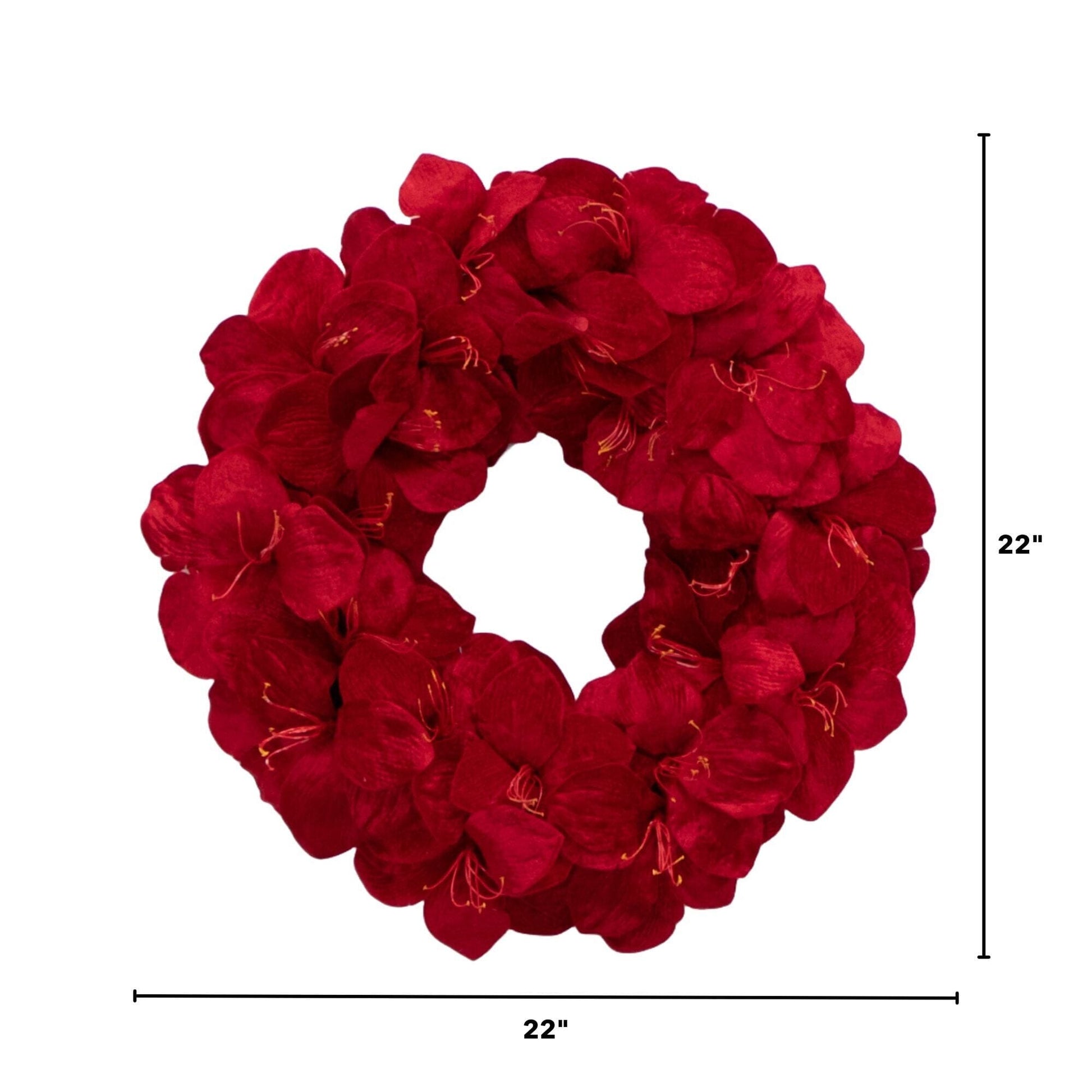 22-inch artificial amaryllis wreath by Nearly Natural, vivid red petals form a round floral hoop on Tampa Home & Garden Store