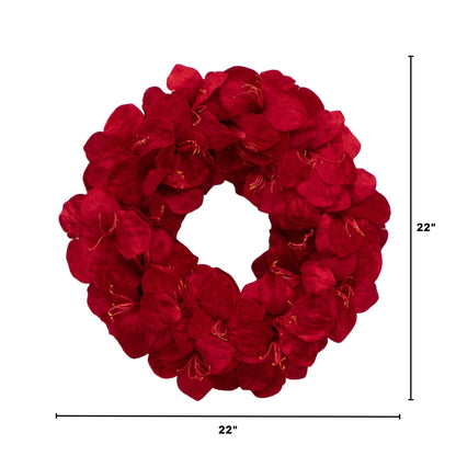 22-inch artificial amaryllis wreath by Nearly Natural, vivid red petals form a round floral hoop on Tampa Home & Garden Store
