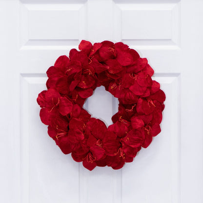 Wreath 22in artificial amaryllis red blooms Nearly Natural on white door on Tampa Home & Garden Store