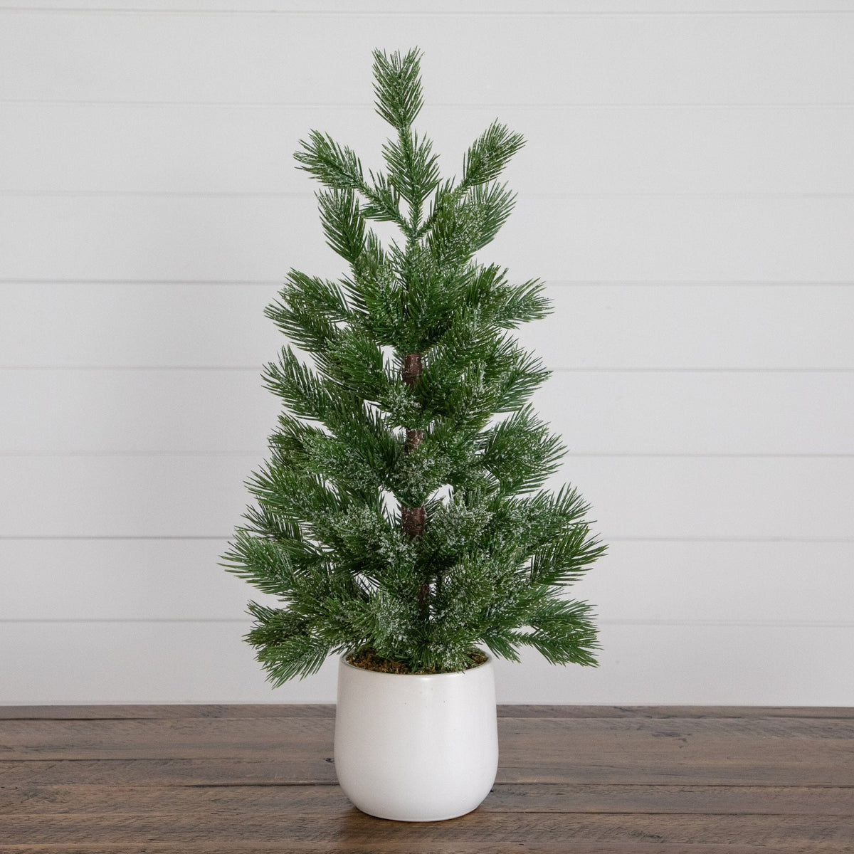 22” artificial frosted Christmas tree in white ceramic planter by Nearly Natural on Tampa Home & Garden Store