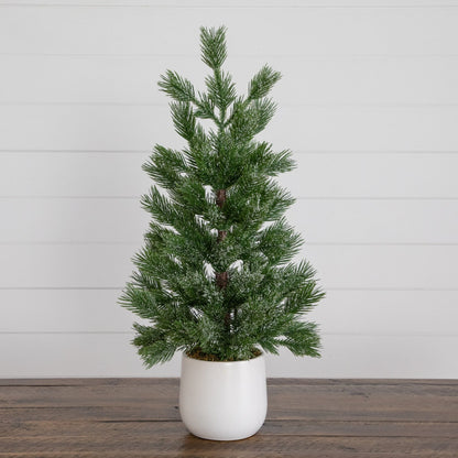 22” artificial frosted Christmas tree in white ceramic planter by Nearly Natural on Tampa Home & Garden Store