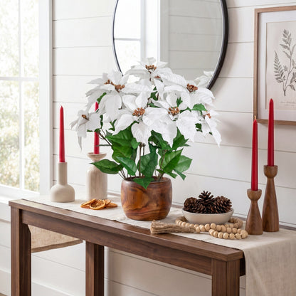 22-inch artificial poinsettia plant in wooden planter with white bracts and green leaves on Tampa Home & Garden Store