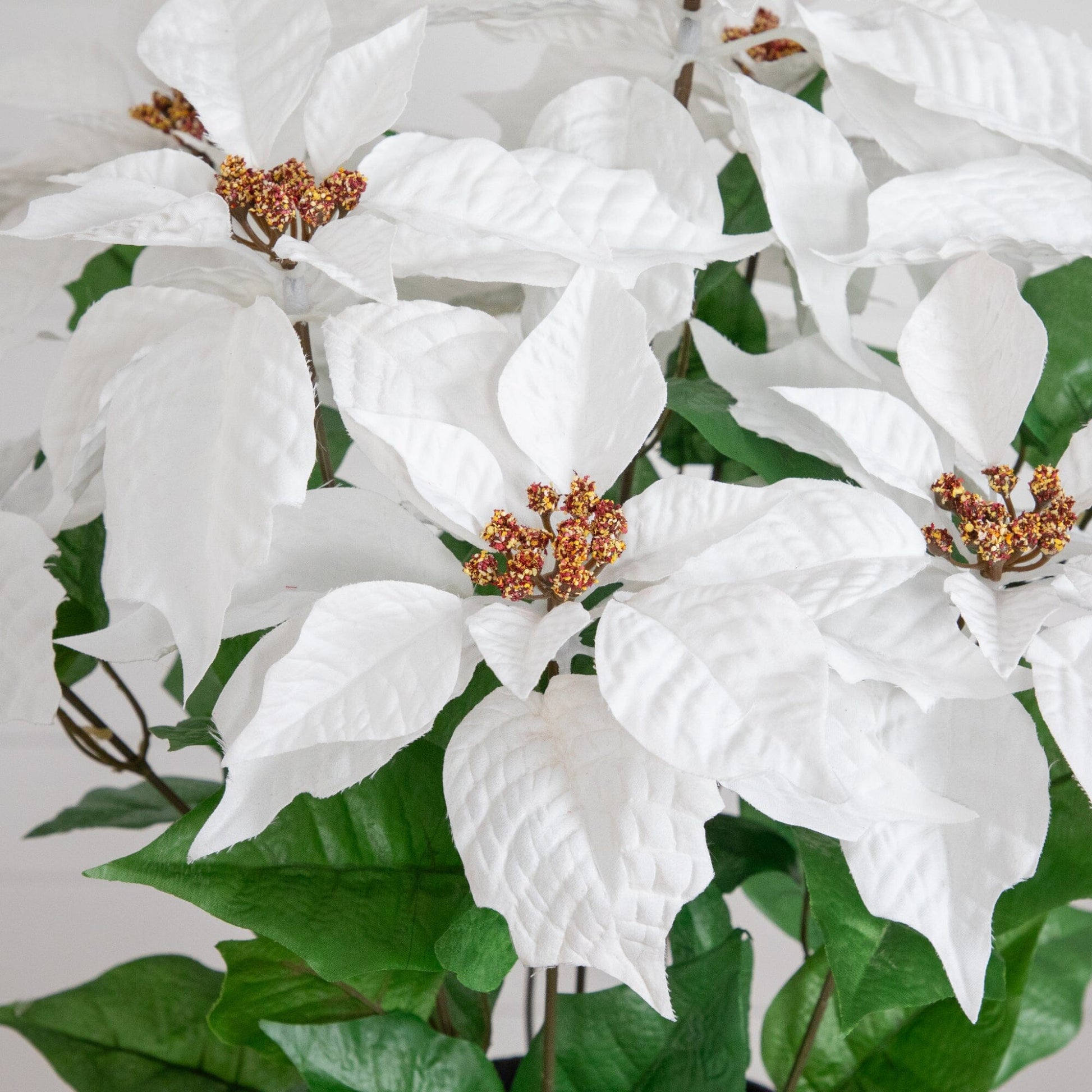 Nearly Natural 22in artificial poinsettia plant in planter with white bracts and green leaves on Tampa Home & Garden Store