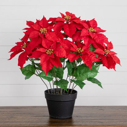 22in artificial poinsettia plant in planter with red bracts and green leaves on Tampa Home & Garden Store