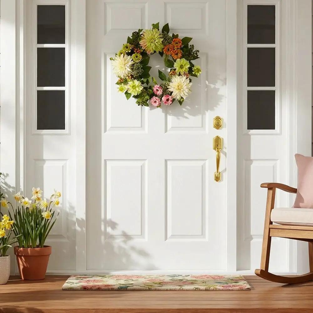 Dahlia and Mum Wreath Nearly Natural with colorful blooms on white front door for spring vibe on Tampa Home & Garden Store
