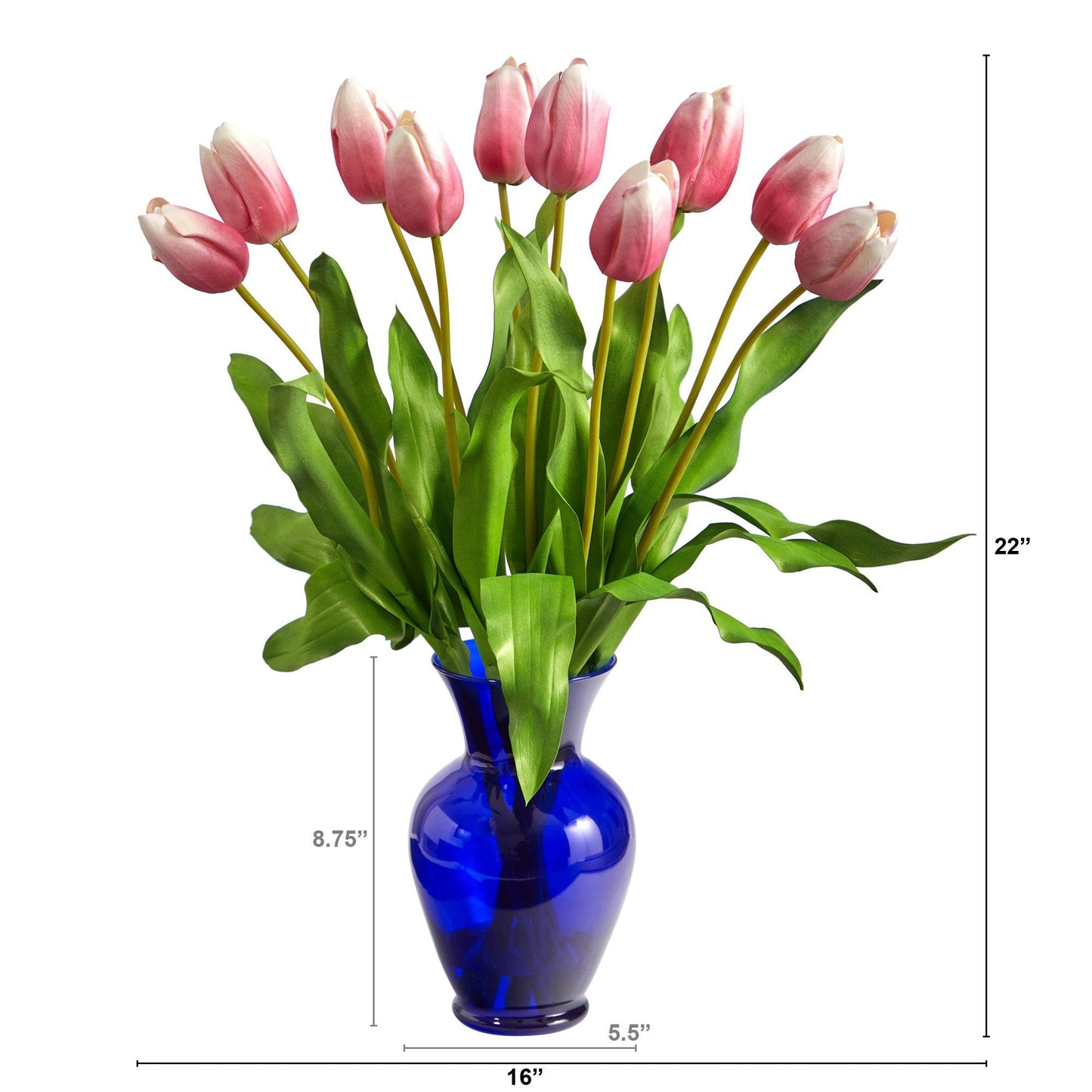 Arreglo artificial de tulipanes holandeses de 56 cm en jarrón azul