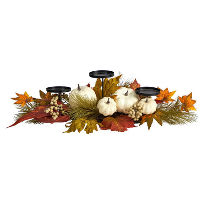 Candelabrum black metal Nearly Natural 22in Fall Pumpkin Maple Leaf with white pumpkins on Tampa Home & Garden Store
