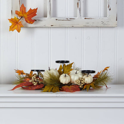 Nearly Natural 22in Fall Pumpkin Maple Leaf Candelabrum with black metal holders on autumn decor on Tampa Home & Garden Store