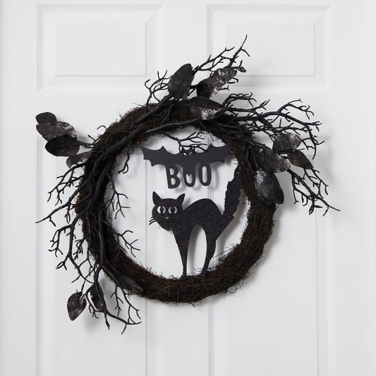 22” Halloween Black Cat and Bat Boo Twig Wreath