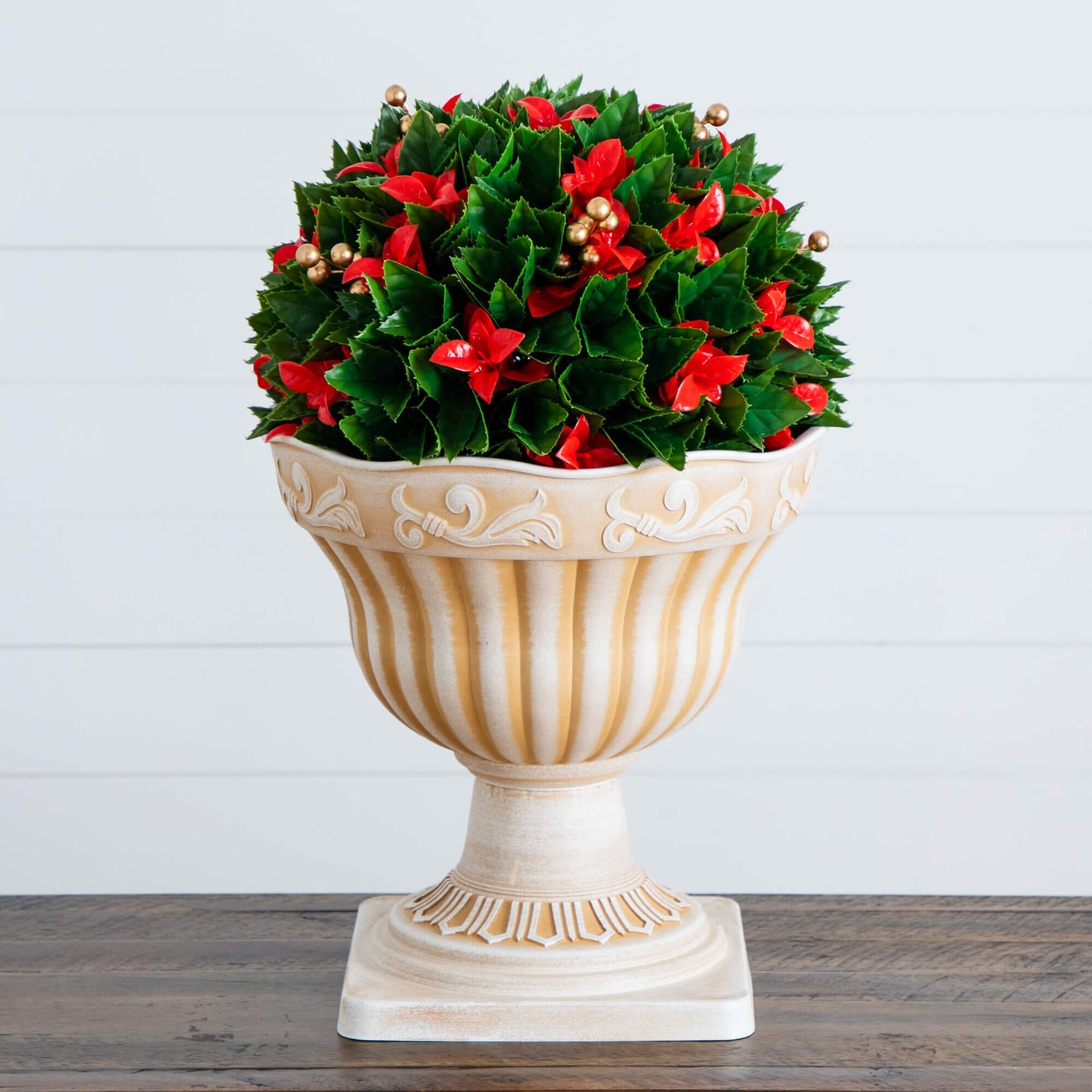 Artificial red-tip Photinia topiary in beige decorative planter with gold beads on Tampa Home & Garden Store